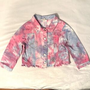 Baby Sara Pink & Blue Tie Dye Denim Jacket Rhinestone Hearts Girls 6 frayed hem